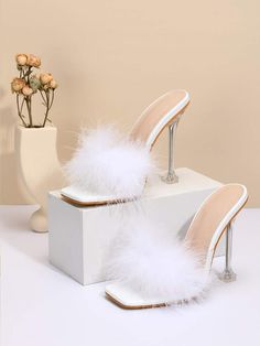 This contains an image of: Turkey Feather Fluffy Detail Chunky Mule Sandals